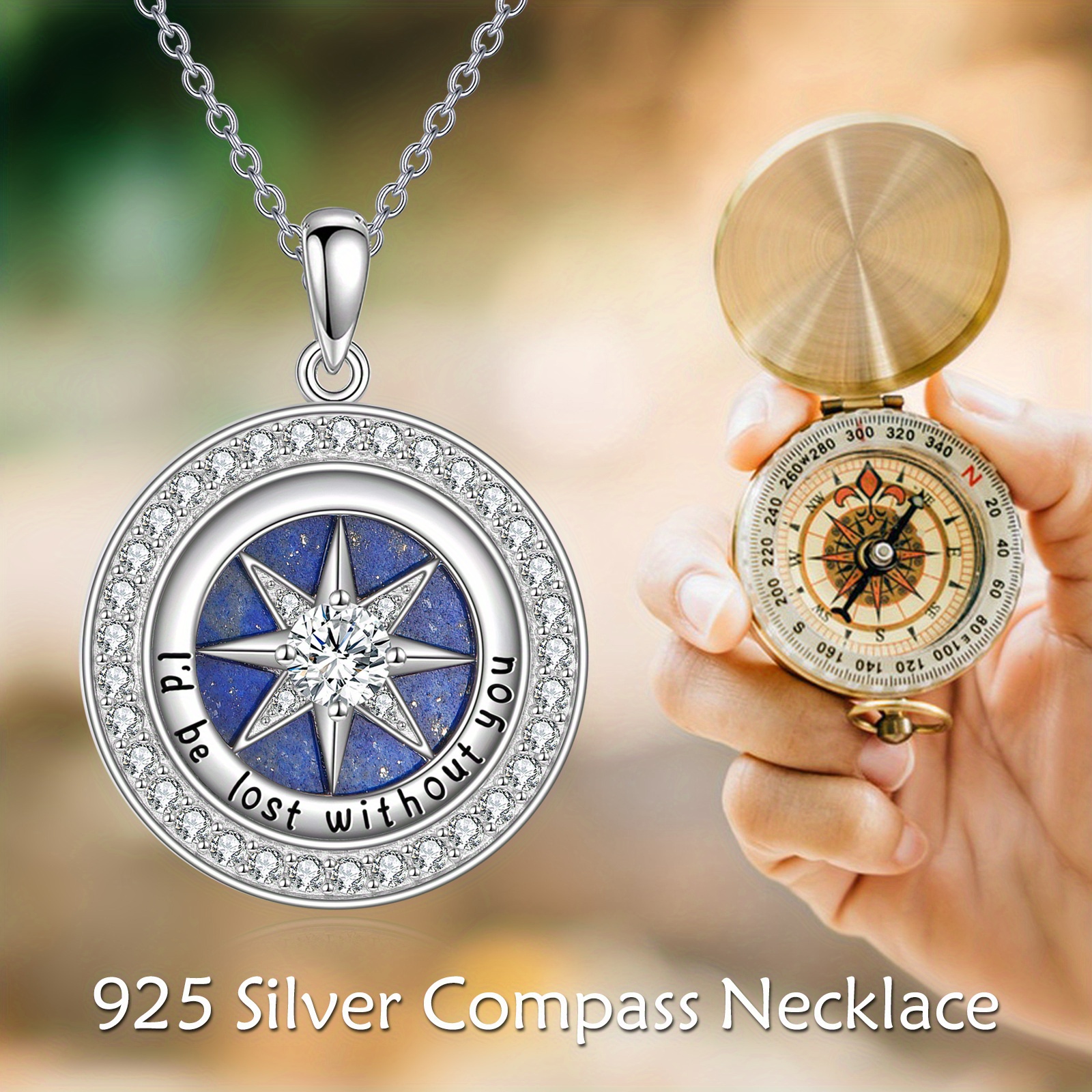 Compass Necklace with Synthetic Lapis Lazuli Pendant